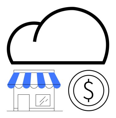 Bir dolar para sembolüyle küçük bir mağazanın önünde bulutlar uçuşuyor. İş, teknoloji, e-ticaret, finans, yenilik, veri depolama, dijital dönüşüm için idealdir. Düz basit metafor