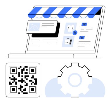 Mağaza önü dizaynlı dizüstü bilgisayar, alışveriş elemanları, QR kodu ve teçhizat. E-ticaret, çevrimiçi alışveriş, pazarlama, iş kurmak için ideal dijital aletler modern perakende. Düz basit metafor