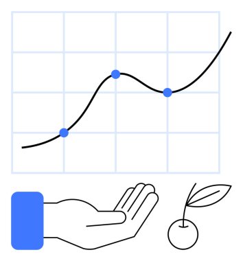 Bir ızgaradaki veri noktalarının yanı sıra açık el ve kiraz grafiğiyle yukarı doğru eğilim çizgisi. Büyüme, başarı, strateji, ödüller, yatırım, üretkenlik, düz basit metafor