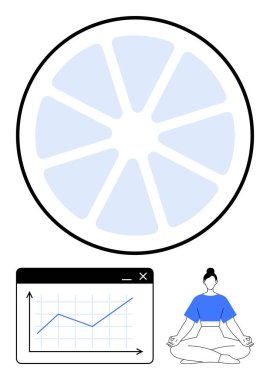 Yuvarlak sağlık çarkı, ilerlemeyi gösteren grafiği, denge ve sükuneti görselleştiren insanı meditasyonu. Öz gelişim, refah, farkındalık, analitik, büyüme, üretkenlik için ideal
