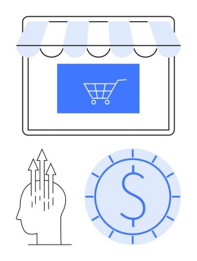Alışveriş arabası, para birimi sembolü ve yukarı doğru oklu insan kafası ile çevrimiçi mağaza arayüzü. Çevrimiçi perakende satış, yenilik, büyüme, iş stratejisi, dijital ekonomi, pazarlama dairesi için ideal
