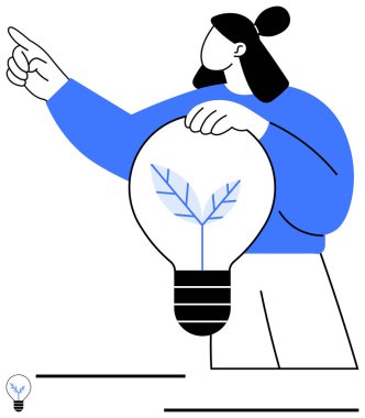 Kadın, ekolojik fikirleri sembolize etmek için içinde yaprak olan bir ampul tutuyor ve liderlik jesti olarak önünü işaret ediyor. Sürdürülebilirlik, yenilik, çevre, liderlik, büyüme ve çevre dostu ilerleme için ideal