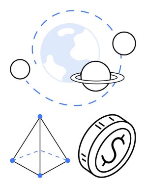 Dünya, Satürn, yörünge çizgileri, noktalı geometrik piramit, teknolojiyi temsil eden madeni para, keşif, finans. Astronomi, geometri ekonomisi araştırma yenilikçiliği eğitim soyut çizgisi için idealdir
