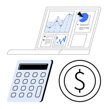 Finansal planlama için analitik grafikler, hesap makinesi ve dolar para gösteren dizüstü bilgisayar. Bütçe, muhasebe, yatırım, veri yönetimi, raporlar, fintech mali eğitim için ideal