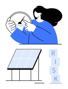 Kadın bir gösterge tutuyor, güneş paneli yapısı, ve RISK yazımını engelliyor. Sürdürülebilirlik, yenilenebilir enerji, risk analizi, karar verme, enerji yönetimi, çevre
