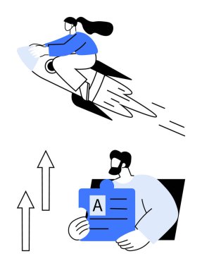 Roketli kadın hırsı simgeler ve yenilikçi adam yukarı doğru oklarla belge okurken ilerleme ve başarı önerir. Büyüme, takım çalışması, liderlik, başarı, öğrenme, planlama için ideal