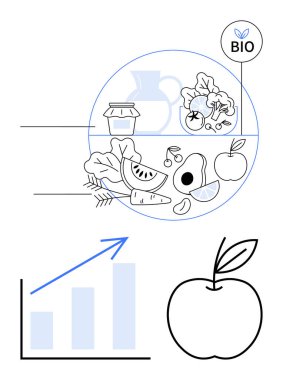 Taze organik gıdalar meyve, sebze ve süt ürünlerini destekliyor ve yanında da büyüme çubuğu tablosu var. Beslenme, sürdürülebilirlik, organik tarım, sağlıklı yaşam tarzı, çevre dostu
