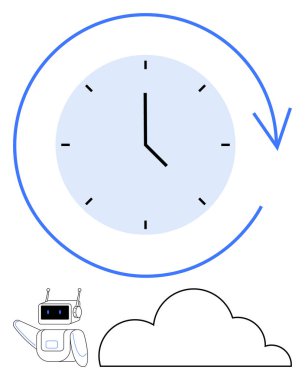 Bulut ve robot çizimlerinin üzerindeki zaman yönetimini sembolize eden dairesel oklu saat. Üretkenlik, planlama, otomasyon, yapay zeka, veri depolama, yenilik, zaman verimliliği için ideal. Düz basit