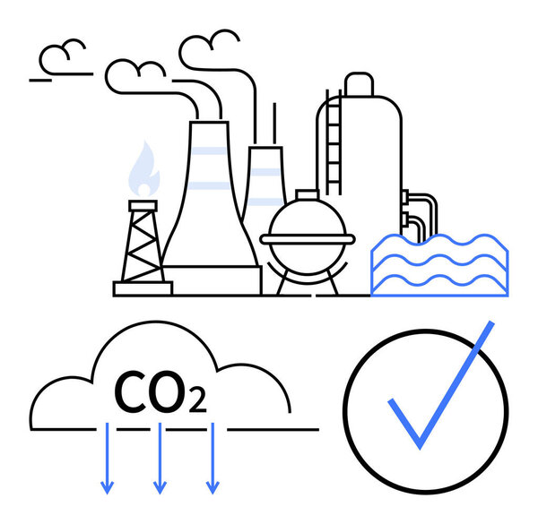 Factory chimneys with CO2 arrows, gas flame, water waves, and checkmark for environmental safety. Ideal for sustainability, pollution control, energy compliance, carbon capture, environmental