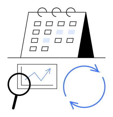 Takvim, veri tablosunun üzerindeki büyüteç, incelemeyi, analizi ve yinelemeyi gösteren dairesel oklar. Zaman yönetimi, proje planlaması, veri takibi, iş akışı zamanlaması için ideal