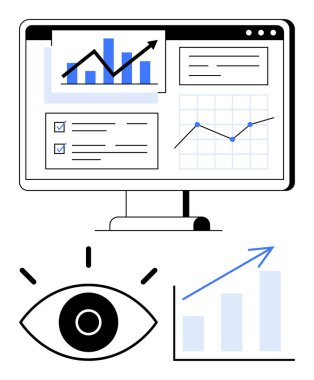 Bilgisayar ekranı grafikleri, istatistiksel ilerlemeyi ve kontrol listelerini gösteriyor. Göz içgörü ya da gözlemi temsil eder. Çizgi grafiği büyümeyi vurguluyor. Analiz, performans değerlendirmesi, pazarlama ve iş için ideal