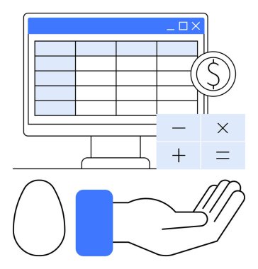 Hesap tablosu, dolar büyüteci, hesap makinesi tasarrufu simgeleyen yumurta, el yardımı simgesi olan bilgisayar ekranı. Finans, tasarruf, yatırım, muhasebe bütçe planlaması için ideal