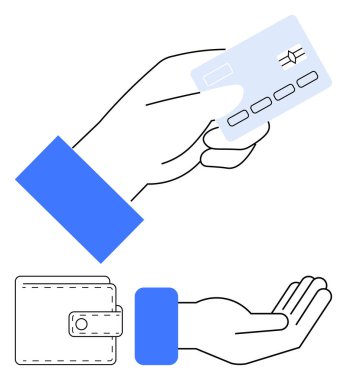 Para, ödeme, finans, dijital işlem, bütçe harcamaları ve ticareti temsil eden kredi kartı, cüzdan ve açık avuç içi sunumu. Banka e-ticaret ve alışveriş için ideal. Asgari