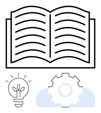 Metin satırlı açık kitap, parlayan ampul, bulutun içindeki teçhizat. Eğitim, öğrenme, fikirler, yaratıcılık, yenilik üretkenlik planlaması için idealdir. Basit bir metaforu temsil ediyor.