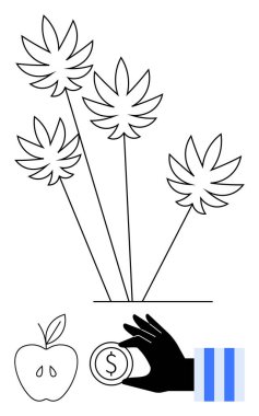 Kenevir yaprakları dik büyüyor, tohumu görünen elma, bozuk para tutan el ve çizgili tasarım. Temalar için idealler sürdürülebilirliği, tarımı, ticareti, sağlığı, yatırımı teşvik eder