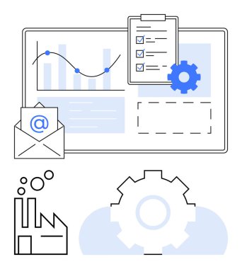Eğilimli veri tabloları, görev listesi panosu, e-posta simgesi, fabrika taslağı ve verimliliği simgeleyen teçhizat. İş stratejisi, üretkenlik, takım çalışması, veri izleme teknolojisi için ideal