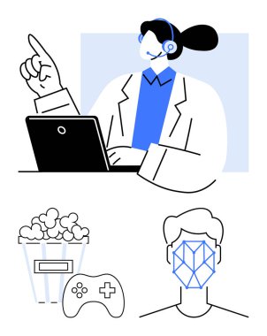 Bilgisayarı, patlamış mısır kovasını, oyun kumandasını, geometrik çizgileri olan insan yüzünü kullanarak çağrı merkezi ajanını ara. Destek hizmetleri, eğlence, oyun, teknoloji, sanal gerçeklik için ideal.