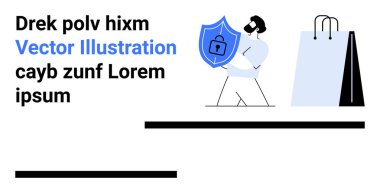 Alışveriş torbalarının yanında korunmak için asma kilidi olan bir kalkan tutan adam. E-ticaret için ideal, çevrimiçi güvenlik, perakende, güven, ödeme, alışveriş güvenliği, basit iniş sayfası