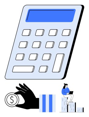 Düğmeleri ve mavi ekranı olan büyük boy hesap makinesi, el ele tutuşan para, dizüstü bilgisayarda çalışan biri, istiflenmiş çubuk şekillerinde oturuyor. Finans, hesaplama, bütçe ve veri analizi için ideal