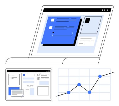 Yükselen trend grafiğiyle birlikte UI modellemelerini gösteren dizüstü bilgisayar. Web tasarımı, veri analizi, proje yönetimi, strateji, performans takibi, teknoloji kavramları, soyut çizgi