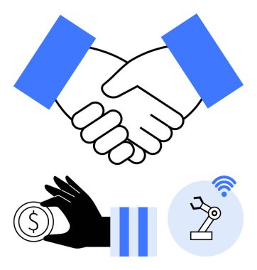 El sıkışma ortaklığı, kablosuz bağlantısı olan robot kol ve dolar sikkesi. İş dünyası, takım çalışması, teknoloji, yenilik, finans sektörü 4.0 için ideal. Düz