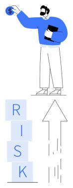 Yığılmış blokların yanında yazı tahtası ve bozuk para tutan kişi yukarıya doğru bir okla RİSK yazıyor. Finans, yatırım, karar verme, strateji, büyüme, iş riski, soyut düz çizgi metaforu için ideal