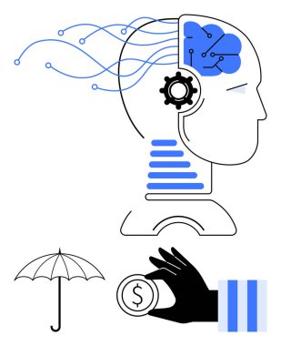 Beyin, dişliler, veri akışı çizgileri, korunmayı sembolize eden şemsiye ve elde bulunan parayı temsil eden insan kafası. Teknoloji, yapay zeka, yenilik, finansal sigorta gelecekteki dijital dönüşüm için ideal