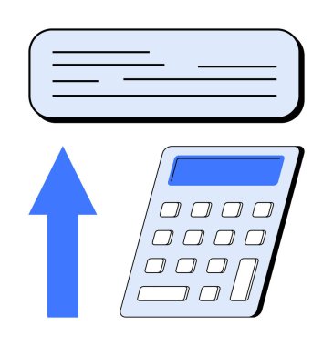 Yukarı doğru ok ve metin kutusunun yanındaki hesap makinesi büyüme, analiz ve verimliliği simgeler. İş, finans, eğitim, planlama, veri stratejisi için ideal başarı. Basit bir metafor.