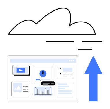Haritalar, videolar ve yukarı doğru mavi bir ok ile metin alanlarının yer aldığı ayrıntılı gösterge tablosu arayüzü üzerinde bulut simgesi. Bulut bilgisayarı, veri transferi, dijital depolama, teknoloji ve iş için ideal