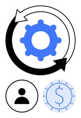 Kullanıcı simgesi ve dolar işaretli döner oklardaki mavi vites verimliliği, işbirliği ve karlılığı vurguluyor. İş süreci, finans, üretkenlik, iş akışı, takım çalışması, yenilik için ideal