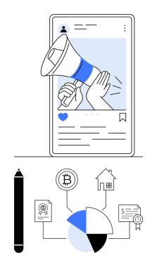 Finansı, kripto para birimini ve analizi desteklemek için cep telefonuyla birlikte. Kalem, bitcoin, ev ve pasta grafiği simgeleri yatırımı, blok zincirini, mülkiyeti ve stratejik mesajlaşmayı ön plana çıkarıyor