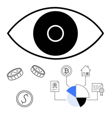 Madeni paraların, Bitcoin 'in, mülkün, pasta grafiğinin yanında göz takibi. Yatırım, ekonomi, tasarruf, dijital para birimi finansal planlama vizyonu için ideal. Düz basit metafor