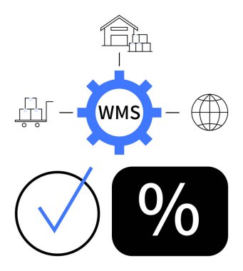 Dişli etiketli WMS ambara, arabaya, küreye, kontrol işaretine ve yüzdeye bağlanıyor. Lojistik, verimlilik, operasyon envanter zinciri verileri ve depo yönetimi için ideal. Düz basit