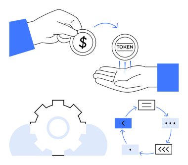 Jeton karşılığı dolar değişimi, sistemi temsil eden teçhizat, oklu ve sembollü dairesel iş akışı. Engelleme zinciri, fintech, kripto para birimi, ticaret, dijital ekonomi için ideal