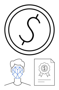 Çember içinde bozuk para işareti, geometrik tanımlama deseni ile yüz yüze ve onaylanmış belge taslağı. Finans, güvenlik, kimlik doğrulama, AI, fintech, kimlik doğrulama dijital için ideal