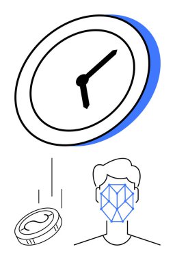 Zamanı temsil eden saat, parayı sembolize eden para ve kimlik için geometrik yüz taraması. Teknoloji, finans, yüz tanıma, zaman yönetimi, güvenlik, dijital yenilik AI kavramları için ideal