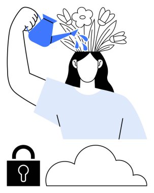 Büyümeyi su bidonuyla besleyen bir kadın, başlarından fışkıran çiçekler, aşağıdaki bulutlar ve kilitler. Yaratıcılık, akıl sağlığı, kendine bakım, kişisel büyüme, yenilikçi güvenlik farkındalığı için idealdir. Düz