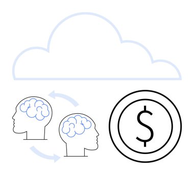 Bulut ve dolar işareti önünde birbirine bağlı iki kafa bilgi paylaşımını, bulut hesaplamasını ve ekonomik büyümeyi sembolize ediyor. Yenilik, takım çalışması ve iletişim için ideal