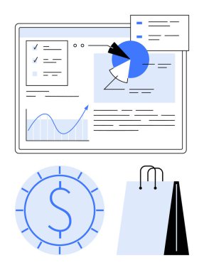 Turta grafiği, grafik, görevler ve ecommerce, finans, perakende, istatistik, piyasa araştırması, dijital pazarlama ve düz basit metaforu vurgulayan alışveriş çantası içeren analitik paneli
