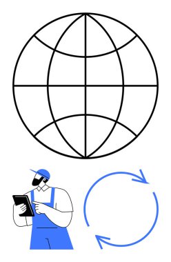 Elinde tablet olan mavi üniformalı bir adam, küresel ulaşımı simgeleyen dünya ana hatları, sürdürülebilirliği simgeleyen dairesel oklar. Lojistik, geri dönüşüm, küresel ticaret, takım çalışması, teknoloji ve eko-çaba için ideal