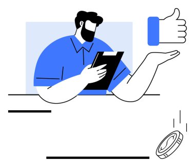 Elinde pano olan ve arkaplandaki sembollerle ilgili verileri analiz eden bir adam baş parmağını kaldırdı ve yazı tura attı. Değerlendirme, karar verme, onay süreci, iş stratejisi, yargı, analiz için ideal