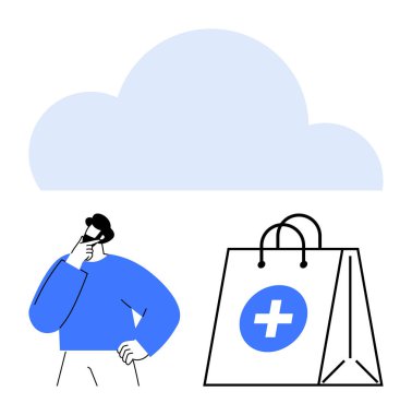 Büyük bir bulutun altında tıbbi haçla işaretlenmiş bir alışveriş poşetinin yanında derin düşüncelere dalmış biri. Bulut depolama, tıbbi e-ticaret, dijital sağlık, çevrimiçi çözümler, sağlık hizmetleri, teknoloji için ideal