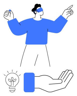 İnsan sanal gerçekliği kulaklıkla keşfeder, elinde ampulün açmasıyla sembolize edilen fikirler misali jestler yapar. Teknoloji, yenilik, yaratıcılık, tasarım, hayal gücü ve gelecekteki gelişmeler için ideal. Düz basit