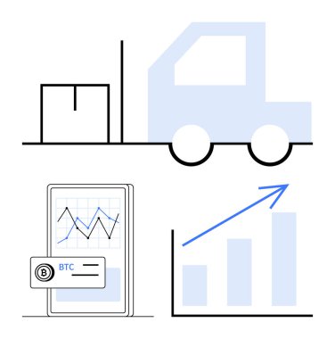 Teslimat kamyonu, paket, akıllı telefon izleme kripto trendleri ve yükselen büyüme tablosu. Lojistik, yatırım, teknoloji, iş analizi veri ticareti için ideal. Düz basit metafor