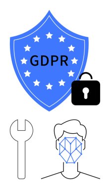 Kalkan etiketli GDPR, kilit, anahtar ve biyometrik yüz çizimi veri koruması, güvenlik ve uygunluğu temsil ediyor. Gizlilik, düzenleme, teknoloji güvenliği dijital kimlik yasası için ideal basit