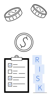 Düşen madeni paralar, işaretli maddeler listesi, RISK yazım engelleri değerlendirme, finans, yatırım ve planlamayı vurguluyor. Risk analizi, denetimler, maliyet yönetimi finans için ideal