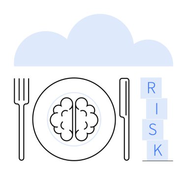 Risk bloklarının yanında çatal ve bıçakla dolu bir tabağın üzerindeki beyin. Karar verme, risk yönetimi, eleştirel düşünme, akıl sağlığı, sorun çözme, strateji, soyut çizgi için ideal