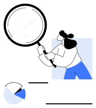 Elinde büyüteç tutan kadın figürü, pasta grafiği verilerini inceliyor. Araştırma, analiz, araştırma, keşif, veri bilimi, problem çözme stratejileri için ideal. Düz basit metafor