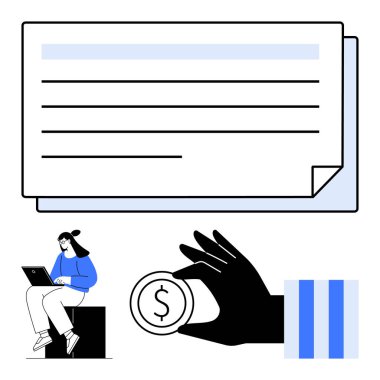 Yığınla belge, dizüstü bilgisayar kullanan bir kadın, el ele tutuşan bozuk para ve çizgili grafik. Finans, bütçe, yatırım, dijital bankacılık serbest çalışma ekonomik analiz kurumsal planlama için idealdir. Düz