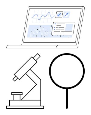 Bilgi grafiklerini gösteren dizüstü bilgisayar, bilimsel araştırmayı temsil eden mikroskop ve detaylı inceleme için büyüteç. Araştırma, analitik, eğitim, bilim, yenilik ve öğrenim için ideal